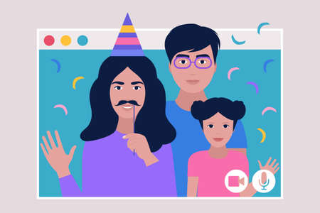 Birthday video call. Family concept. Colorful flat vector illustration.のイラスト素材