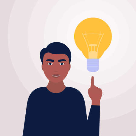 Man with idea light bulb head concept. Idea brainstorming. Vector illustration in a flat style.のイラスト素材