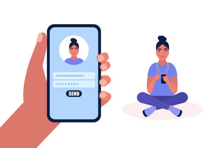 Online registration or sing up concept. Young woman logs into the site on the smartphone. Colorful flat vector illustrationのイラスト素材