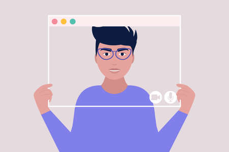 Young man holding virtual window frames. Illustration of conference video call, video call to a friend, study online, business meeting. Colorful flat vector illustration.のイラスト素材