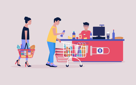 Illustration of people at the supermarket. Colorful flat vector illustrationのイラスト素材
