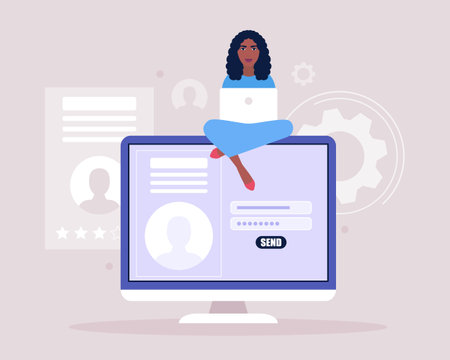 Online registration or sing up concept. Young woman logs into the site. Young woman posting resume for job search. Colorful flat vector illustrationのイラスト素材