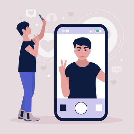 illustration of young man who takes selfie on the phone. Colorful flat vector drawing.のイラスト素材