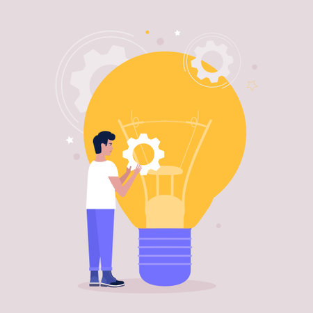 Young man holds gear next to a big light bulb. Idea brainstorming concept. Vector illustration in a flat style.のイラスト素材