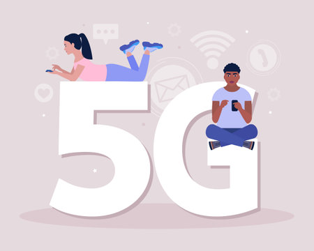 5G concept. Illustration of woman and man with smartphones. Communication in social networks, online meeting, video call. People use high speed internet 5G.のイラスト素材