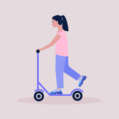 Woman on a scooter isolated on a light background. Colorful flat vector illustration.のイラスト素材