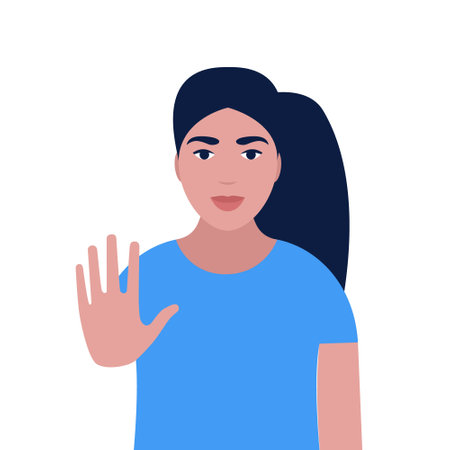 Stop concept. Young woman showing stop sign. Vector illustration in a flat styleのイラスト素材