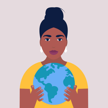 Save the planet concept. Woman holding the planet. Colorful flat vector illustration.のイラスト素材