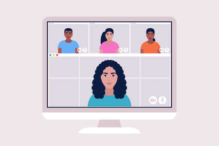 Illustration of conference video call, video call to a friend, study online, business meeting. Colorful flat vector illustration.のイラスト素材