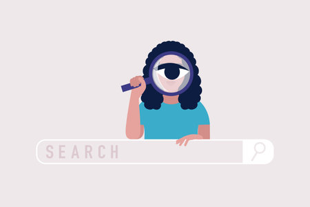 Search concept. Young woman uses search bar. Colorful flat vector illustration.のイラスト素材