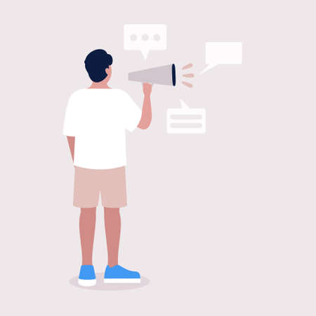 Young man speaks into a megaphone. Statement, utterance, news concept. Colored vector illustration in flat cartoon styleのイラスト素材