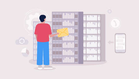 Data processing center. Young man working in server room. Colorful flat vector illustration.