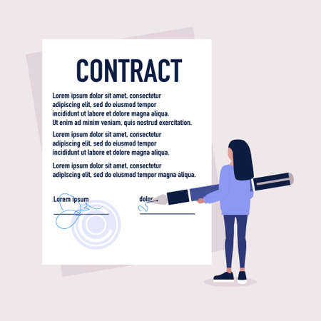Young woman signs the legal document. Deal, agreement concept. Colorful flat vector drawing.のイラスト素材