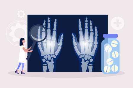 Rheumatology concept. Young woman checks X-ray. Colorful flat vector illustrationのイラスト素材