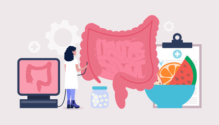 Proctology, Coloproctology concept. Young woman checks intestine. Colorful flat vector illustration