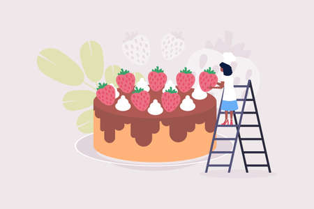 Cooking concept. Young woman preparing strawberry cake. Colorful flat vector illustrationのイラスト素材