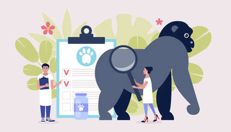 Veterinary science concept. Vets check Gorilla. Colorful flat vector illustrationのイラスト素材
