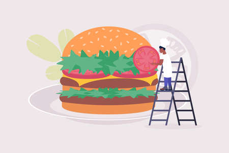 Cooking concept. Young man preparing burger. Colorful flat vector illustrationのイラスト素材