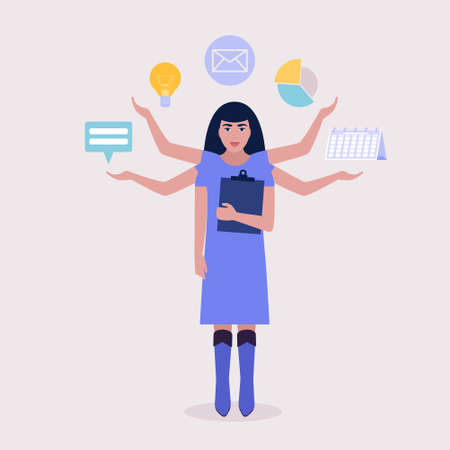 Multitasking and time management concept. Illustration of woman with laptop. Worker doing multitasking skills. Vector illustration in a flat styleのイラスト素材