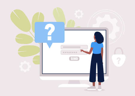 Sing up concept. Young woman logs into the computer. Colorful flat vector illustrationのイラスト素材