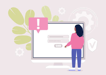 Sing up concept. Young woman logs into the computer. Colorful flat vector illustrationのイラスト素材