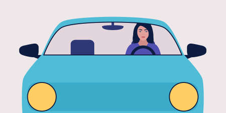 Illustration of woman who is driving a car. Vector illustration in a flat style.のイラスト素材
