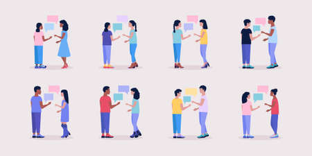 Set of talking people isolated on white background. Colored vector illustration in flat cartoon styleのイラスト素材