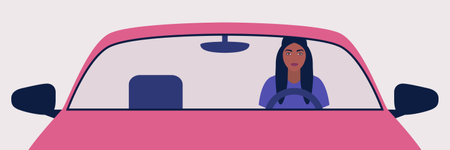 Illustration of woman who is driving a car. Vector illustration in a flat style.のイラスト素材