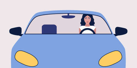 Illustration of woman who is driving a car. Vector illustration in a flat style.のイラスト素材