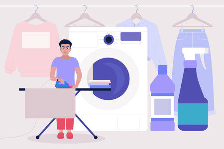 Young man ironing of linen. Colorful flat vector illustrationのイラスト素材