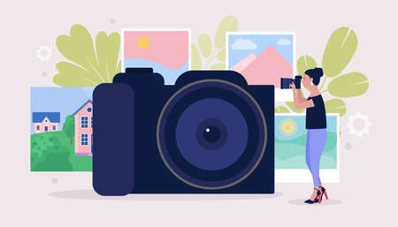 Photography workshop. Illustration of photographer with a camera. Colorful flat vector drawing.のイラスト素材