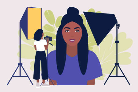 Studio photo session. Photographer shoots model. Colorful flat vector drawing.のイラスト素材