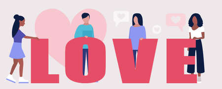 People hold big letters. Illustration for Valentine's day. Love concept. Colorful flat vector illustrationのイラスト素材