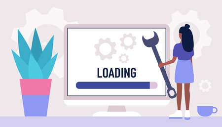 Downloading, loading concept. Young woman with wrench near computer. Vector illustration in a flat...