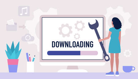 Downloading, loading concept. Young woman with wrench near computer. Vector illustration in a flat...