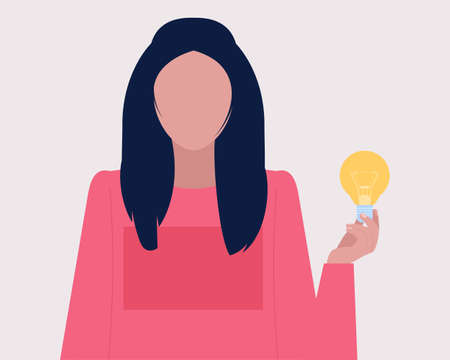 Young woman holding a light bulb in her hand. Idea brainstorming concept. Vector illustration in a...