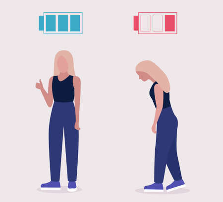Low and full energy concept. Positive and sad woman. Colorful flat vector illustration.のイラスト素材