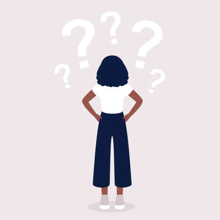 Young woman thinking. Character with question marks above her head. Vector illustration in a flat styleのイラスト素材
