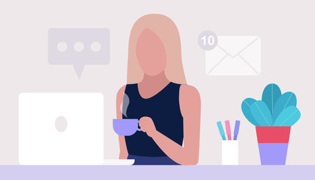 Work break concept. Young woman with a cup of tea or coffee at the computer. Freelancer. Worker. Communication in social networks, mail, online meeting, video call. Vector illustration in a flat styleのイラスト素材