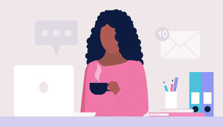 Work break concept. Young woman with a cup of tea or coffee at the computer. Freelancer. Worker....