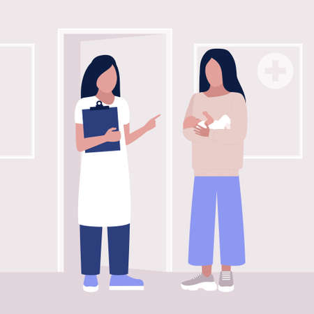 Young woman with baby at the doctor's appointment. Colorful flat vector illustration.のイラスト素材
