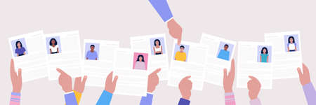 Hands holding cv resume documents. Manager chooses the right candidate. Human resources management,...