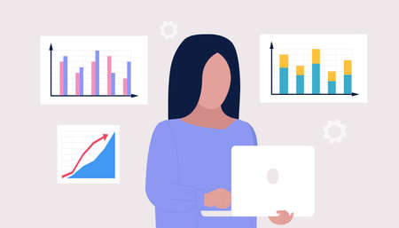 Business analysis concept. Young woman holds laptop and analyzes infographic, project, statistics....