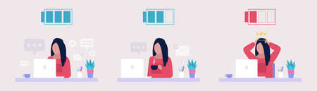 Low and full energy concept. Positive and sad working woman. Colorful flat vector illustration.のイラスト素材