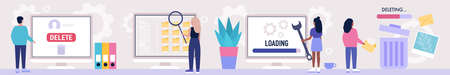 Young people downloading, deleting, searching, loading data and files. Colorful flat vector...