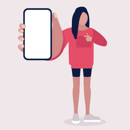 Woman holds mobile phone. Colorful flat vector illustrationのイラスト素材