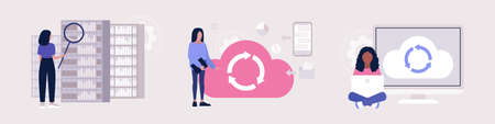 Data processing and cloud data storage concept. Colorful flat vector illustration.