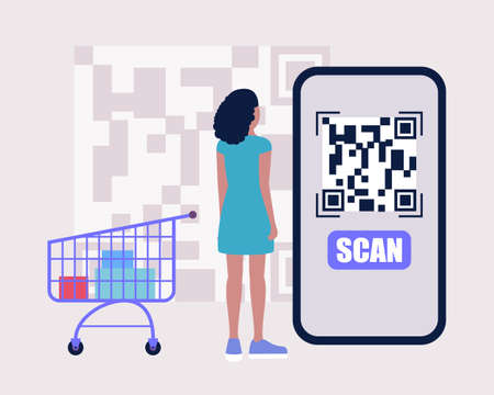 QR code concept. Barcode and QR code reading app. Smartphone with QR code scanner. Colorful flat...