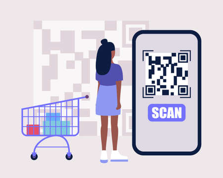 QR code concept. Barcode and QR code reading app. Smartphone with QR code scanner. Colorful flat illustrationのイラスト素材