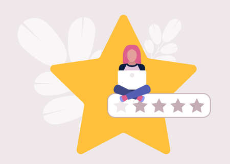 Star rating concept. Young woman rates Colorful flat vector illustration.のイラスト素材